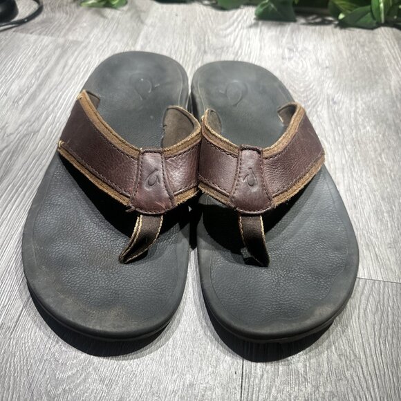 Olukai Kua\'aina Black Brown Leather Espresso Flip Flop Sandals Mens Size 12 main image 4